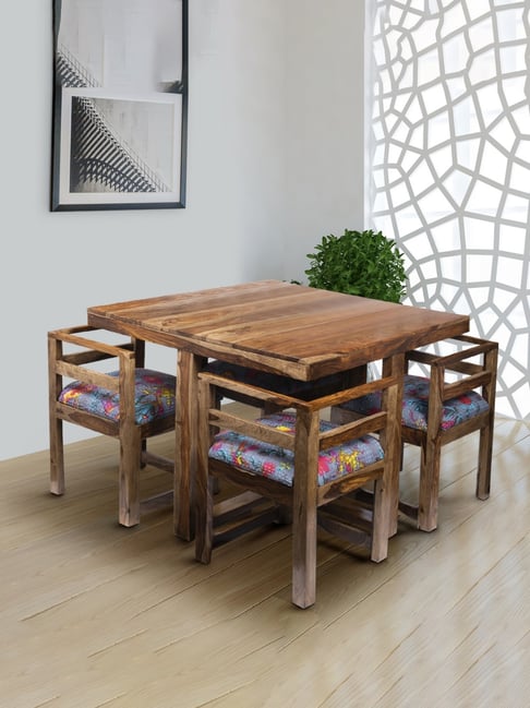 Ikiriya Kingston Printed Brown & Blue Wood 4 Seater Dining Table Set Teak Finish
