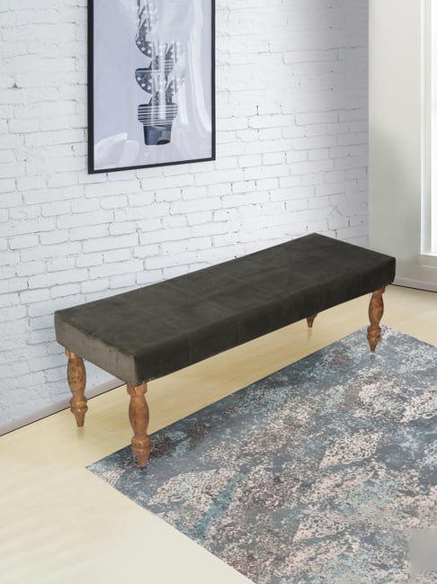 Ikiriya Cairo Solid Brown Wood 2 Seater Bench Grey Velvet Finish-picture-18
