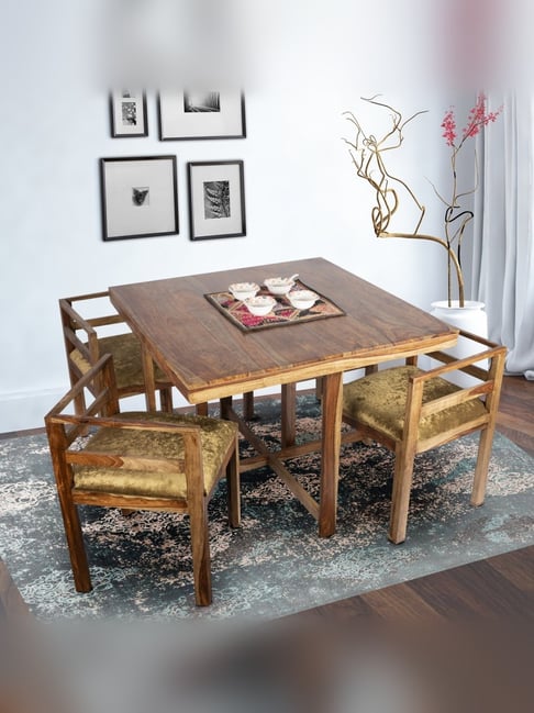 Ikiriya Kingston Solid Brown & Green Wood 4 Seater Dining Table Set Teak Finish