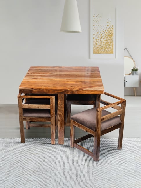 Ikiriya Kingston Solid Brown Wood 4 Seater Dining Table Set Teak Finish