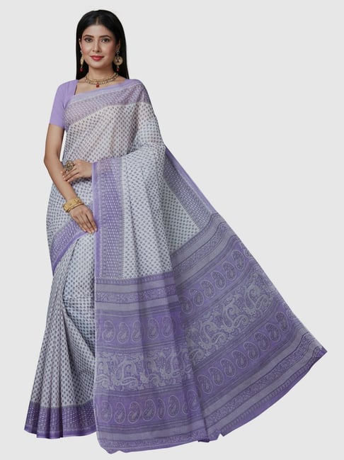 Buy Bagru Sanganeri Block Printed Cotton Saree - Lavender, Pink & White  Online