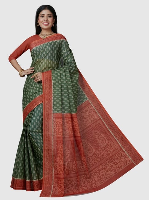 SHANVIKA Green Pure Cotton Ethnic Motifs Print Saree Without Blouse-picture-11