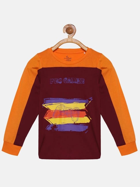 Kiddopanti Kids Maroon & Orange Cotton Printed Full Sleeves T-Shirt-picture-19