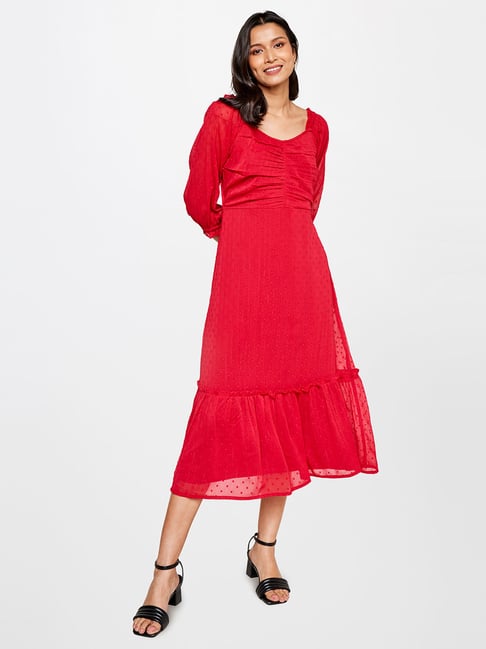 AND Red Self Design Midi Dress Price in India