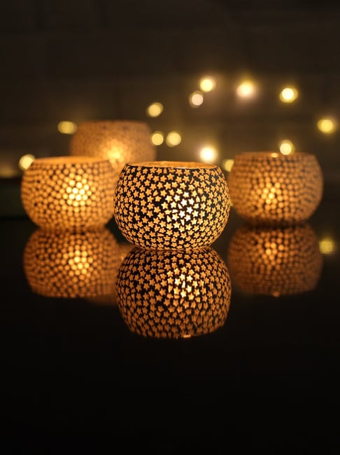 Homesake Star Mosaic Embellished White Glass Tea Light Candle Holder - Set of 4-picture-15