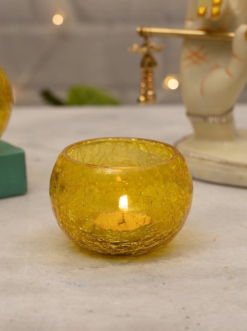 Homesake Crackle Mosaic Embellished Yellow Glass Tea Light Candle Holder - Set of 2-picture-21