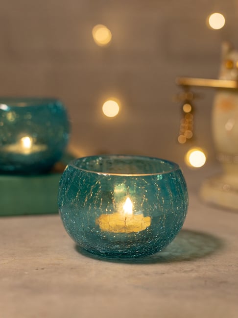 Buy Homesake Crackle Mosaic Turquoise Glass Tea Light Candle