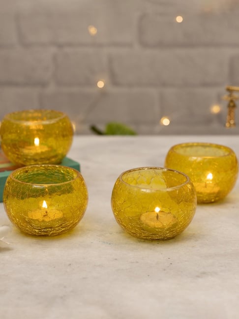 Homesake Round Mosaic Embellished Yellow Glass Tea Light Candle Holder - Set of 4-picture-20