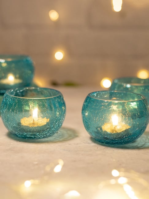 Homesake Crackle Mosaic Embellished Turquoise Glass Tea Light Candle Holder - Set of 4-picture-36