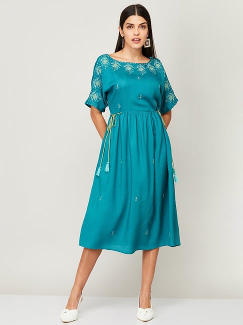Colour Me by Melange Teal Green Embroidered A-Line Dress Price in India