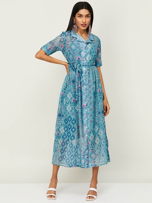 Colour Me by Melange Blue Printed A-Line Dress Price in India