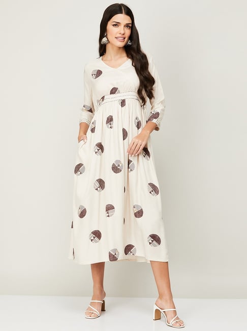 Colour Me by Melange Off-White Printed A-Line Dress Price in India