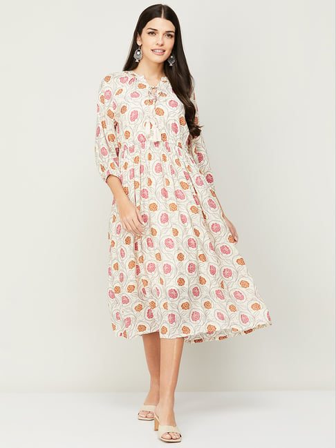 Colour Me by Melange Off-White Floral Print A-Line Dress Price in India