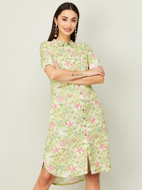 Colour Me by Melange Green Floral Print A-Line Dress Price in India