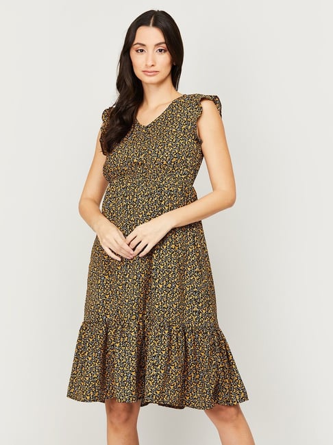 Fame Forever by Lifestyle Black & Yellow Floral Print A-Line Dress Price in India