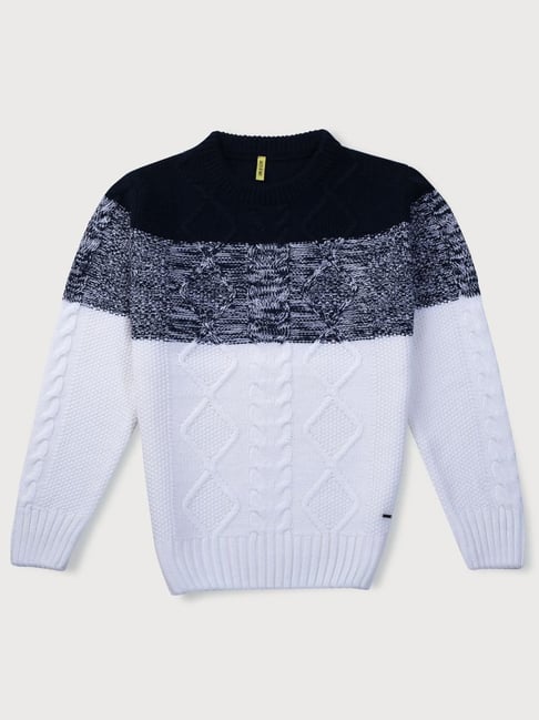Gini Jony Kids White Black Cotton Color Block Full Sleeves Sweater