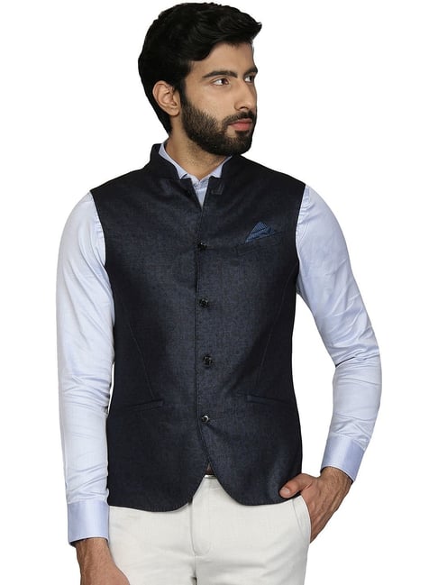 Blackberrys Blue Slim Fit Printed Nehru Jacket