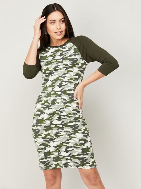 Fame Forever by Lifestyle Olive Green Cotton Camouflage Shift Dress Price in India
