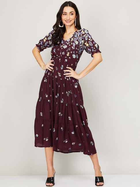 CODE by Lifestyle Purple Floral Print A-Line Dress Price in India