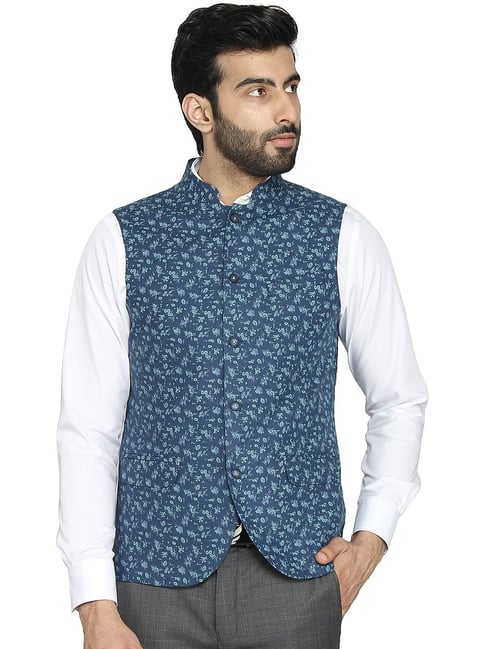 Men's Navy Blue Woven Nehru Jacket - Absolutely Desi