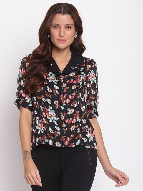 Latin Quarters Black Floral Print Top