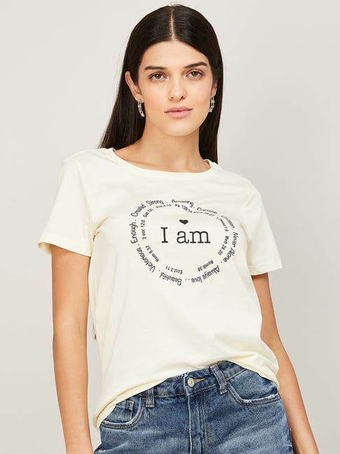 Fame Forever by Lifestyle Off-White Cotton Printed T-Shirt