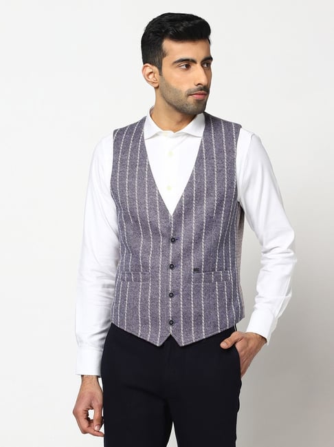 Blackberrys Navy Blue Slim Fit Striped Waistcoat