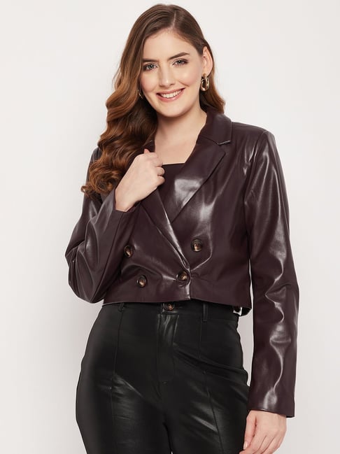 Buy MADAME Brown Faux Leather Regular Fit Blazer for Women Online