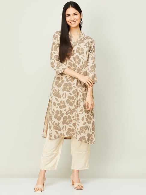 Melange by Lifestyle Beige Printed Straight Kurta Price in India