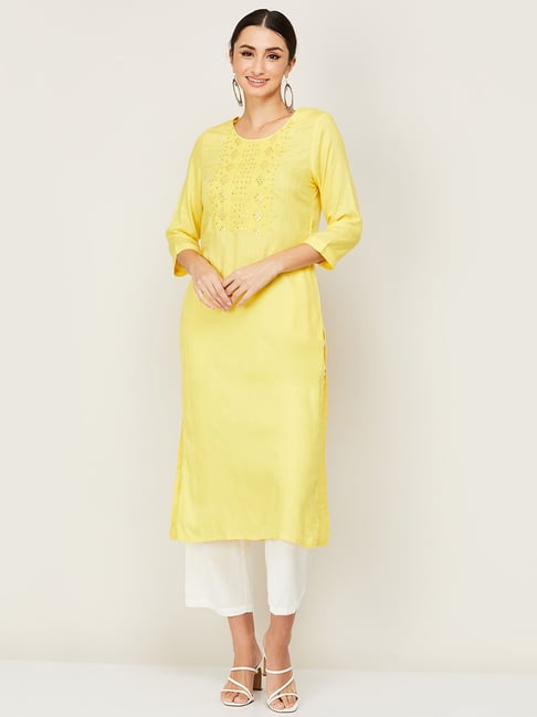 Buy Melange by Lifestyle Yellow Embroidered Straight Kurta for Women Online  @ Tata CLiQ