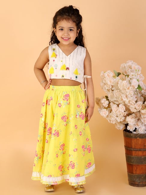 Lil Drama Kids Yellow with White Floral Print Lehenga with Choli-picture-20