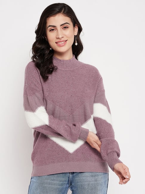 Buy MADAME Mauve Color-Block Sweater for Women Online Tata CLiQ