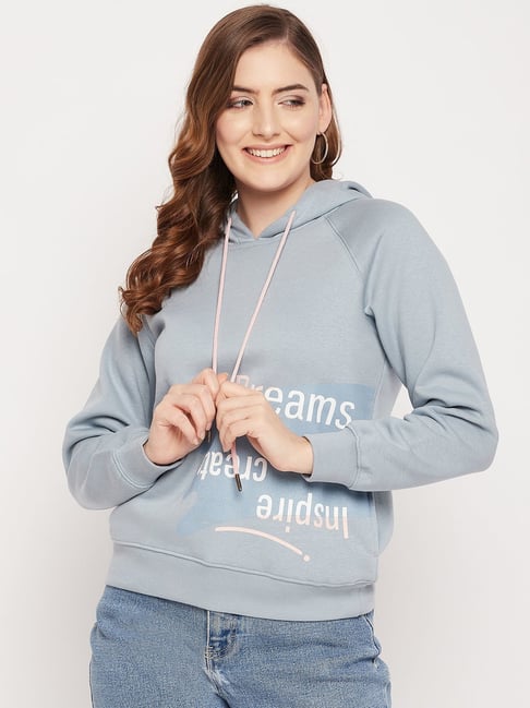 Buy MADAME Light Blue Fleece Graphic Print Hoodie for Women Online