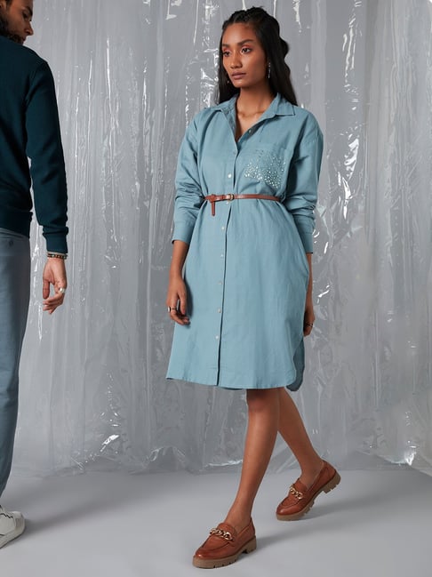 Bombay Paisley by Westside Teal Shirtdress with Belt Price in India
