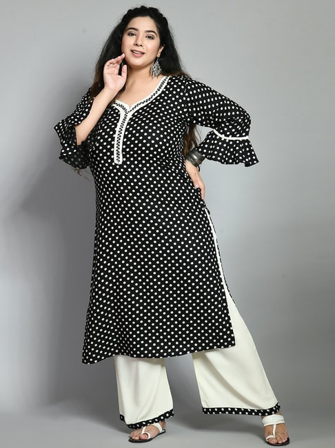 Buy Ishin Womens Cotton Black Polka Dot Printed Straight Kurta Sharara Set  Online  ISHIN FASHIONS