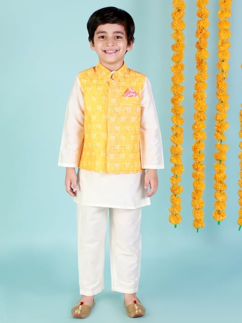 Lil Drama Kids White with Yellow Printed Full Sleeves Kurta, Jacket with Pyjamas-picture-23