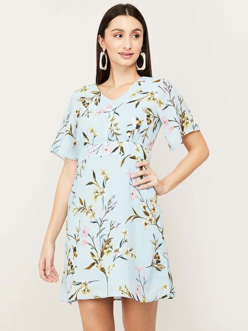 CODE by Lifestyle Blue Cotton Floral Print A-Line Dress Price in India