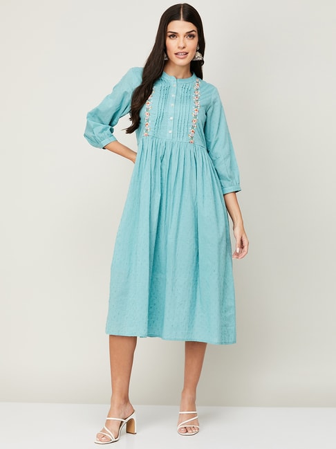 Colour Me by Melange Blue Cotton Embroidered A-Line Dress Price in India