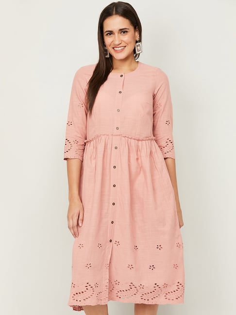 Colour Me by Melange Peach Cotton A-Line Dress Price in India