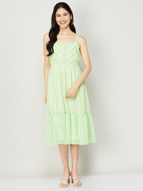 CODE by Lifestyle Green Cotton Striped A-Line Dress Price in India