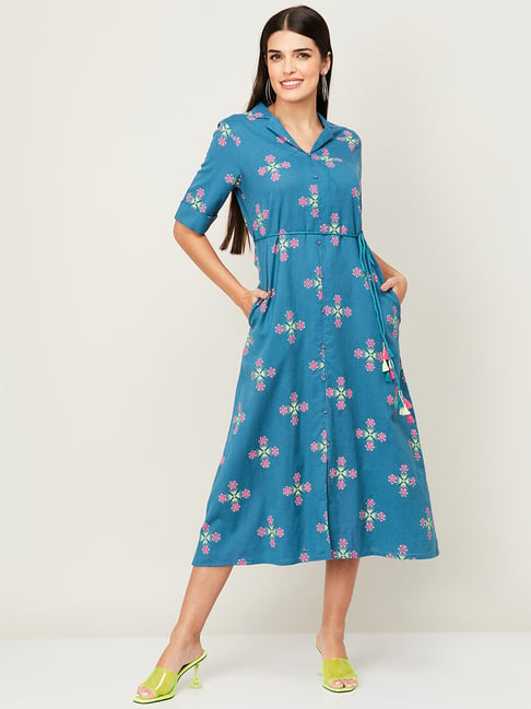 Colour Me by Melange Blue Cotton Floral Print A-Line Dress Price in India