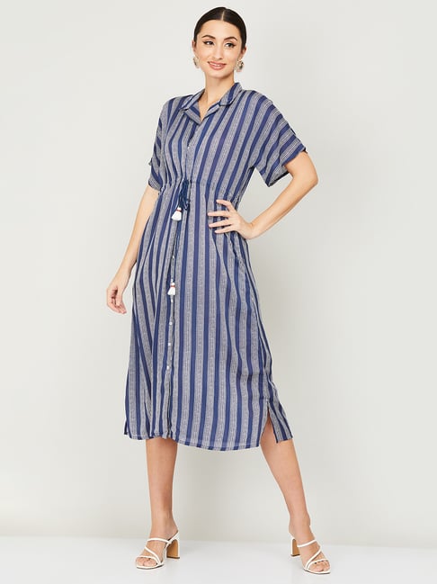 Colour Me by Melange Blue & White Striped A-Line Dress Price in India