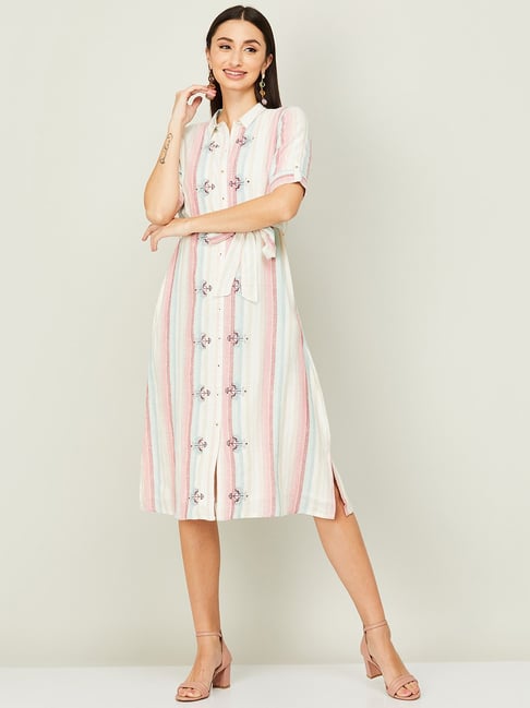 Colour Me by Melange Off-White & Maroon Cotton Striped A-Line Dress Price in India