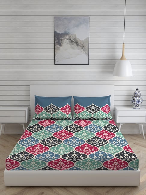 Ethnic Blue Cotton Double Bed Sheet With Pillow Cover