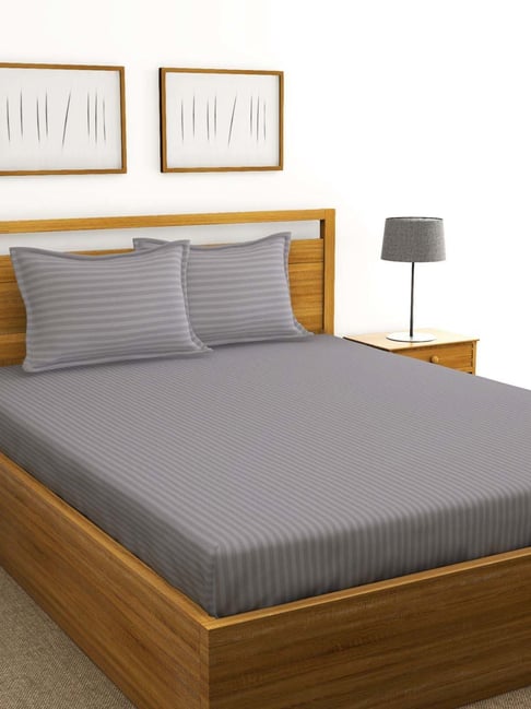 Bianca Hilton Stripes Grey 210 TC Cotton Double Bedsheet with 2 Pillow Covers