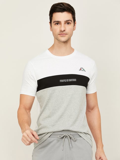 Kappa White Light Grey Cotton Regular Fit Colour Block Sports T-Shirt