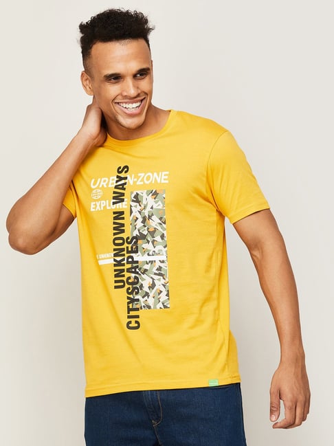 Bossini Yellow Cotton Regular Fit Printed T-Shirt