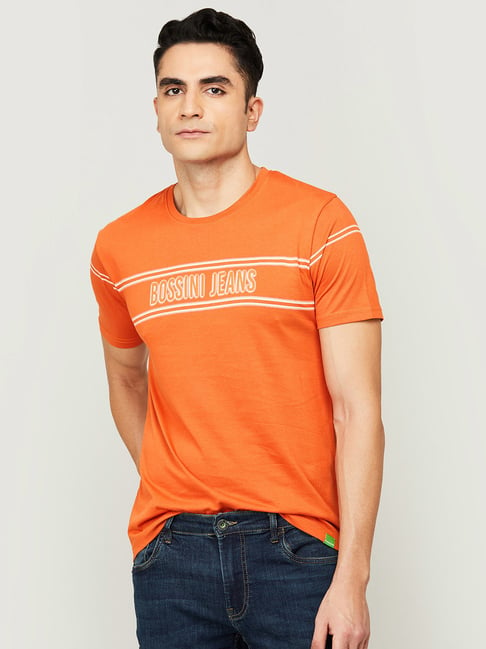 Bossini Rust Cotton Regular Fit Striped T-Shirt