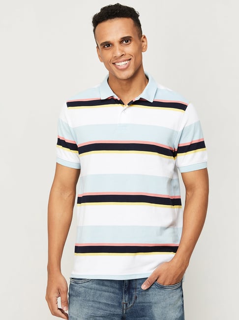 Buy Fame Forever White Regular Fit Striped Polo T-Shirt for Mens