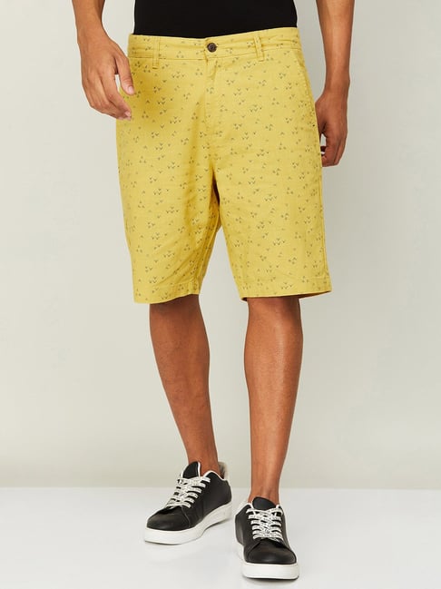 Fame Forever by Lifestyle Yellow Cotton Regular Fit Printed Denim Shorts